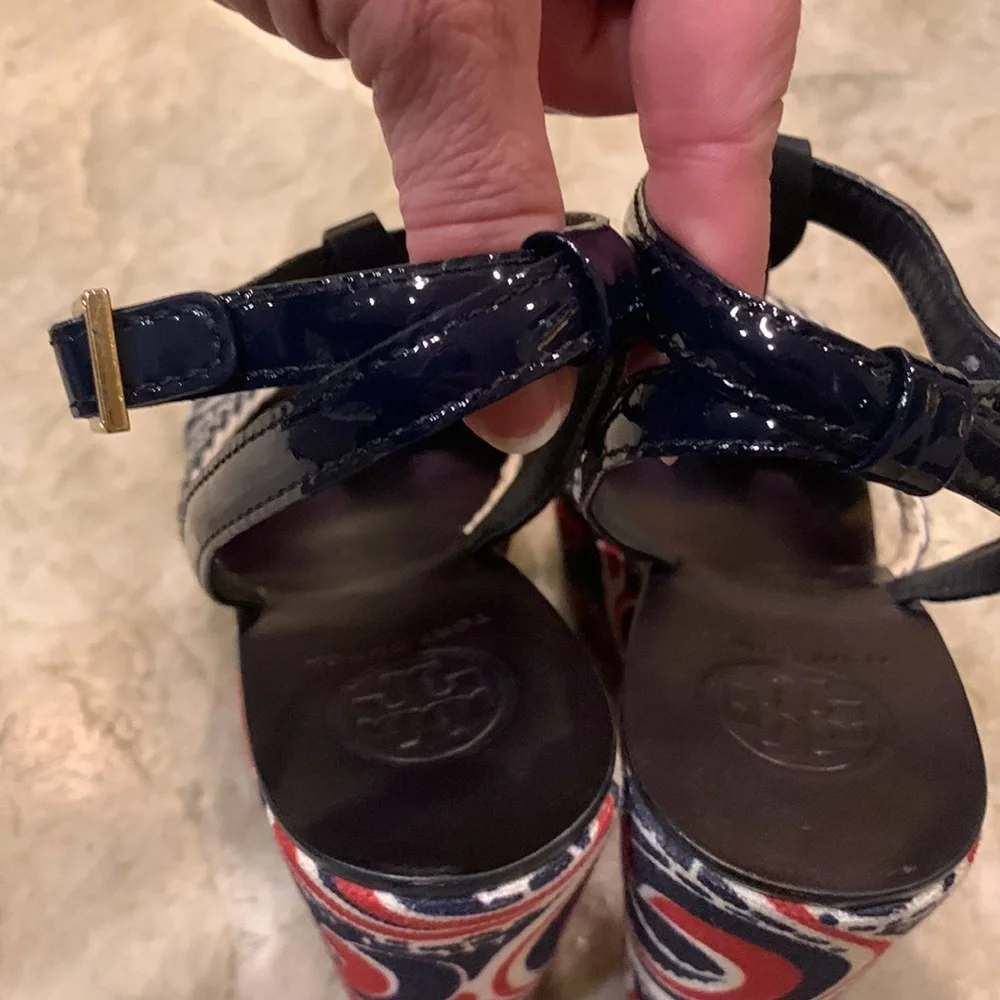 Tory Burch wedge sandals- navy and red design- 7.5